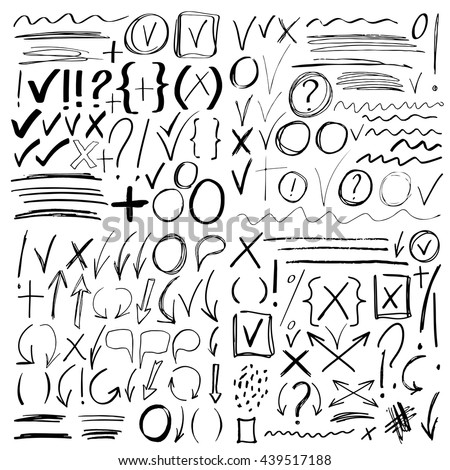 Hand drawn sketch black marker, brushed signs, arrows, lines, shapes, handwritten, marker design elements set isolated on white background