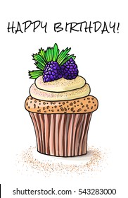 a hand drawn sketch of a black raspberry cupcake in the modern style of a picture made by markers with a script happy birthday. A vector illustration isolated on white background