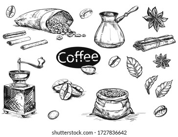 Hand drawn sketch black and white coffee set. Vector illustration of coffee beans, leaf, branch, mill, cezve, cinnamon. Elements in graphic style menu.