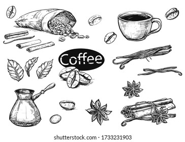 Hand drawn sketch black and white coffee set. Vector illustration of coffee cup, beans, leaf, branch, vanilla, turka, cinnamon. Elements in graphic style menu.