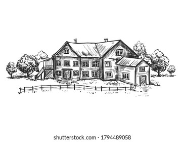 Hand drawn sketch black and white farm house, tree, leaf. Vector illustration. Elements in graphic style label, card, sticker, menu, package.