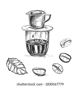 Hand drawn sketch black and white set of coffee beans with vietnam coffee dripper. Vector illustration. Elements in graphic style label, card, sticker, menu, package. Engraved style illustration.