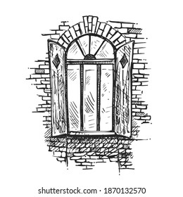 Hand drawn sketch black and white of vintage window. Vector illustration. Elements in graphic style label, card, sticker, menu, package.