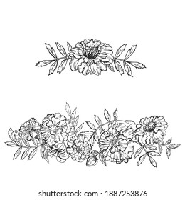 Hand drawn sketch black and white set of flowers pattern, leaf. Vector illustration. Elements in graphic style label, card, sticker, menu, package. Engraved style illustration.