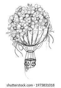 Hand drawn sketch black and white coloring page of vintage air balloon, flowers daisy, sky, ribbon. Vector illustration. Engraved style.