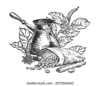 Hand drawn sketch black and white of coffee grain, mill, leaf, branch. Vector illustration. Elements in graphic style label, card, sticker, menu, package. Engraved style illustration.