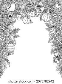 Hand drawn sketch black and white of christmas border, coloring book, leaf, branch. Vector illustration. Elements in graphic style label, card, sticker, menu, package. Engraved style illustration.