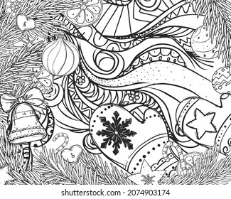 Hand drawn sketch black and white of christmas tree, coloring book, leaf, branch, ball. Vector illustration. Elements in graphic style label, card, sticker, menu, package. Engraved style illustration.