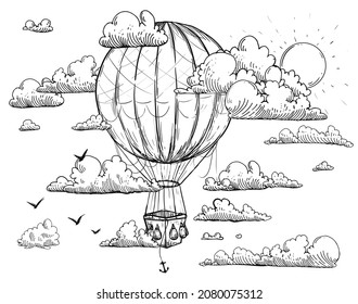 Hand drawn sketch black and white vintage air balloon. Vector illustration gorisontal. Elements in graphic style label, card, sticker, menu, package. Engraved style.