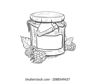 Hand drawn sketch black and white of berry, raspberry, jar, jam, leaf. Vector illustration. Elements in graphic style label, card, sticker, menu, package. Engraved style illustration.