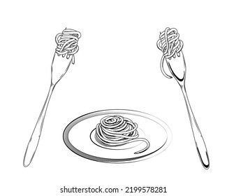 Hand drawn sketch black and white of pasta, spaghetti, fork. Vector illustration. Elements in graphic style label, sticker, menu, package. Engraved style illustration.