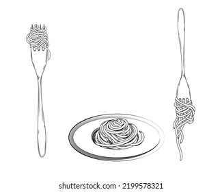 Dibujo a mano en blanco y negro de pasta, espagueti, tenedor. Ilustración vectorial. Elementos en etiqueta de estilo gráfico, pegatina, menú, paquete. Ilustración de estilo grabada.