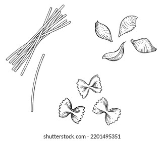Hand drawn sketch black and white of pasta, spaghetti, tomato. Vector illustration. Elements in graphic style label, sticker, menu, package. Engraved style illustration.