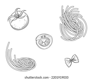 Hand drawn sketch black and white of pasta, spaghetti, tomato. Vector illustration. Elements in graphic style label, sticker, menu, package. Engraved style illustration.