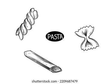 Hand drawn sketch black and white of pasta, spaghetti. Vector illustration. Elements in graphic style label, sticker, menu, package. Engraved style illustration.