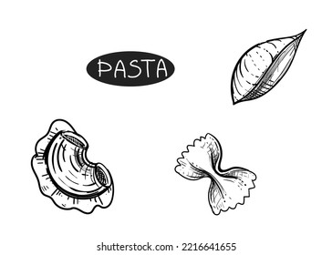 Hand drawn sketch black and white of pasta, spaghetti. Vector illustration. Elements in graphic style label, sticker, menu, package. Engraved style illustration.