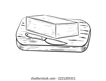 Hand drawn sketch black and white of butter, margarine. Vector illustration. Elements in graphic style label, sticker, menu, package. Engraved style.