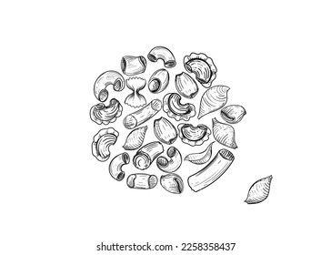 Hand drawn sketch black and white of pasta heap, spaghetti. Vector illustration. Elements in graphic style label, sticker, menu, package. Engraved style illustration.