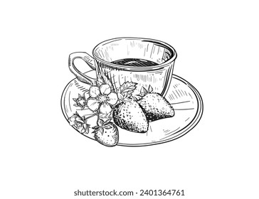 Hand drawn sketch black and white illustration cup of tea strawberry, leaf, berry, flower. Vector illustration. Elements in graphic style label, sticker, menu, package. Engraved style.