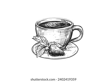 Hand drawn sketch black and white illustration cup of tea strawberry, leaf, berry, flower. Vector illustration. Elements in graphic style label, sticker, menu, package. Engraved style.