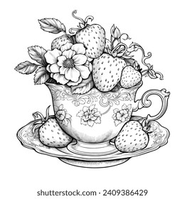 Hand drawn sketch black and white illustration cup of tea strawberry, leaf, berry, flower. Vector illustration. Elements in graphic style label, sticker, menu, package. Engraved style.