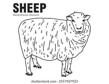 Hand drawn sketch of a black and white sheep, with a white background, suitable for vector shape design elements, animal coloring books, and so on