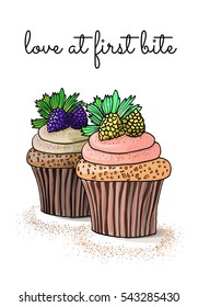 a hand drawn sketch of a black and yellow raspberries cupcakes in the modern style of a picture made by markers with a script love at first bite. A vector illustration isolated on white background