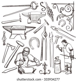 Hand drawn sketch blacksmith set, such as horseshoe, sledgehammer, vise, oven for your design