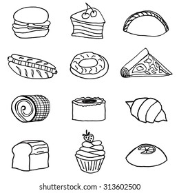 Hand drawn sketch black-white set of cartoon fast food burgers and cakes
