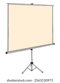 Hand drawn sketch of blank flipchart with three legs isolated on white clean background. White roll up banner for presentation, corporate training and briefing.