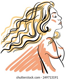 Hand drawn sketch of a blonde with long curly hair.