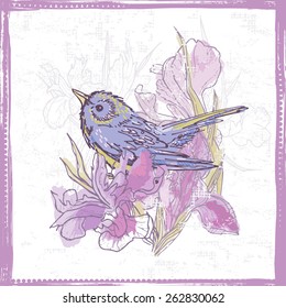 Hand drawn  sketch of  blue bird and  watercolor iris  flowers. All objects are conveniently grouped  and are easily editable.