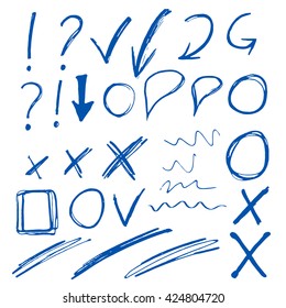 Hand drawn sketch blue marker, brushed signs, arrows, lines, shapes, handwritten, marker design elements set  isolated on white background
