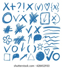 Hand drawn sketch blue marker, brushed signs, arrows, lines, shapes, handwritten, marker design elements set isolated on white background