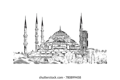 Hand drawn sketch of The Blue Mosque or Sultanahmet Camii in Istanbul, Turkey in vector illustration.
