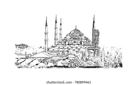 Hand drawn sketch of The Blue Mosque or Sultanahmet Camii in Istanbul, Turkey in vector illustration.