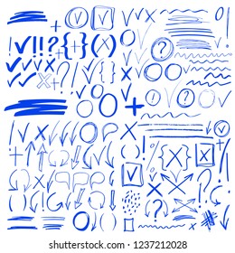 Hand drawn sketch blue signs, icons, arrows, lines, handwritten design elements set isolated on white background