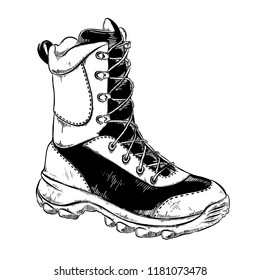Hand drawn sketch of boot in black isolated on white background. Detailed vintage style drawing. Vector illustration