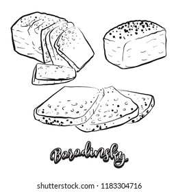 Hand drawn sketch of Borodinsky bread. Vector drawing of Sourdough food, usually known in Russia. Bread illustration series.