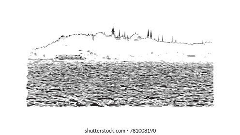 Hand drawn sketch of The Bosphorus Istanbul, Turkey in vector illustration.