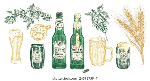 Hand drawn sketch bottle and beer can Vintage design bar, restaurant, cafe menu isolated background. Graphic vector art Creative template for flyer, banner, poster Vector illustration