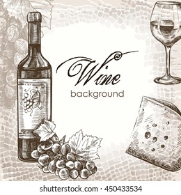 hand drawn sketch of bottle of wine, grapevine and cheese on an abstract background