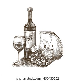 hand drawn sketch of bottle of wine, grapevine and cheese on a white background