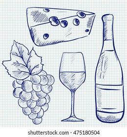 . Hand drawn sketch. Bottle of wine, glass, grapes, cheese. Vector illustration