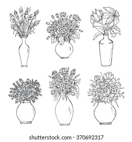 Hand drawn sketch bouquets with flowers. outline set