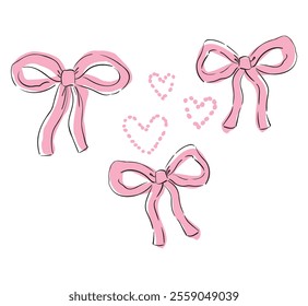 Hand drawn sketch Bow and Heart, Pink Bow Trendy Background Vector. Trendy design for fashion graphics, t-shirt prints, posters, stickers