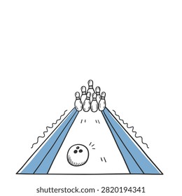 Hand drawn sketch of a bowling ball approaching a formation of ten pins on a lane with perspective lines