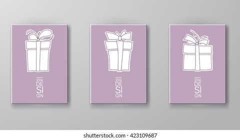 Hand drawn sketch of box gift on pink background set. Vector illustration.