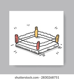 A hand drawn sketch of a boxing ring featuring ropes and corner posts on a white background