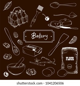 Hand drawn sketch with bread, pastry, sweet. Bakery set vector illustration. Background template for design. Engraved food image